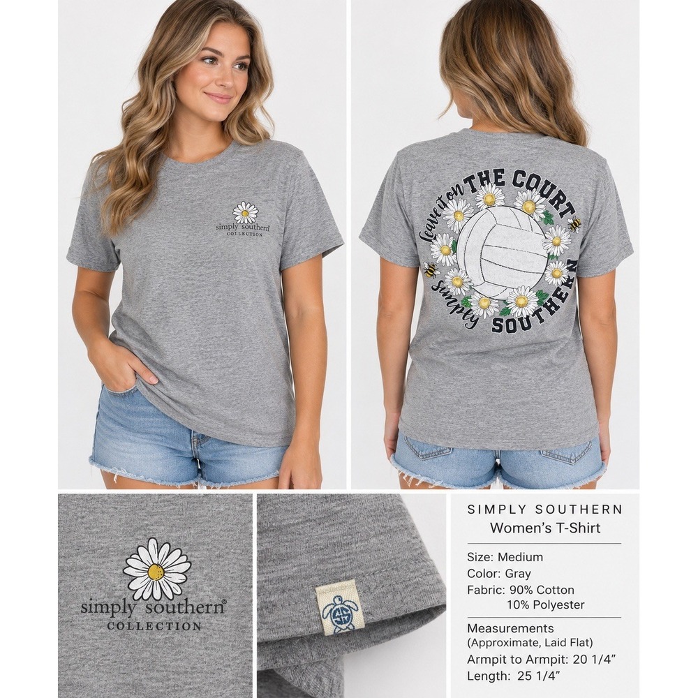 Simply Southern Women M Volleyball T Shirt Gray Daisy Leave It On The Court